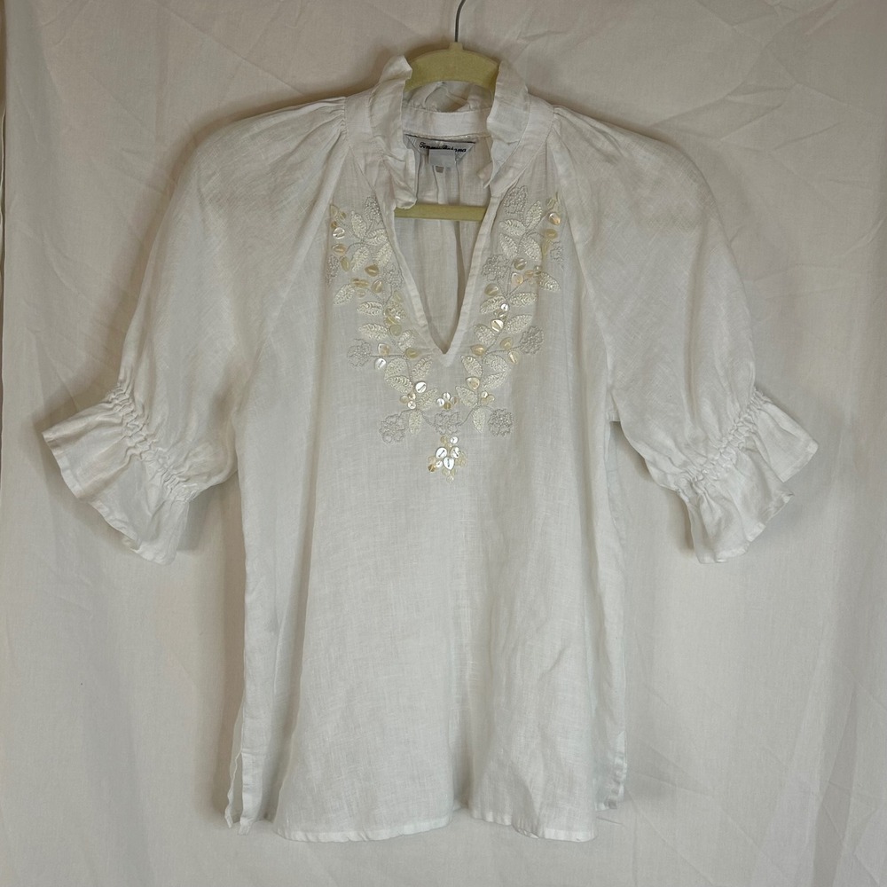 Tommy Bahama White Linen Coastalina Shell Embellished Ruffle Sleeve Blouse XS
